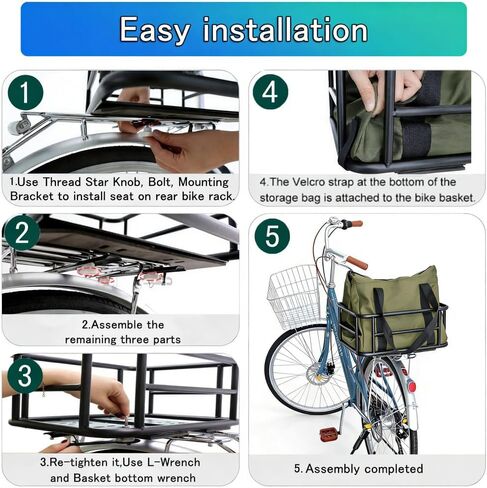 Rear Bike Basket - Bicycle Rear Basket with Waterproof Storage Bag, Heavy Duty Bike Baskets Rear Large Capacity for Most Mounted Bikes and E-Bike Perfect for Grocery Hauls Commuting in Kuwait