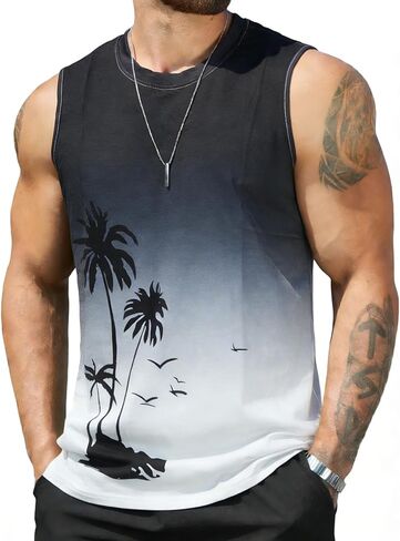 دبابة شجرة النخيل للرجال تتصدر قميصًا رياضيًا على شاطئ صيف شاطئ. in Kuwait