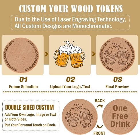 30-1000 قطعة 40 مم من رموز المشروبات الخشبية المخصصة، محفورة بالليزر على الوجهين مع شعار أو نص أو صور، رقائق خشبية مستديرة مخصصة للحانات وحفلات الزفاف والحفلات والعروض الترويجية لأحداث الشركات in Kuwait