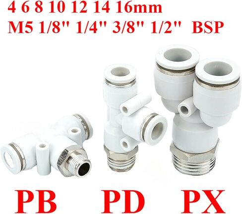 PB PD PX M5 1/8" 1/4" 3/8" 1/2" BSPT ذكر - 4 مم OD أنبوب T 3 طرق دفع هوائي لتوصيل ضاغط التحرير السريع (PD,4MM_3/8") in Kuwait