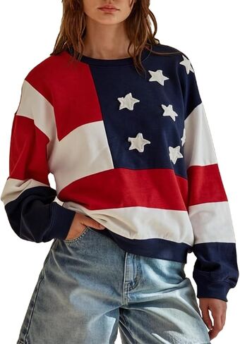 HOXIJIA Women 4th Of July Sweatshirt Long Sleeve Flag Graphic Oversied Casual Pullover Tops Patriotic Jumper in Saudi Arabia