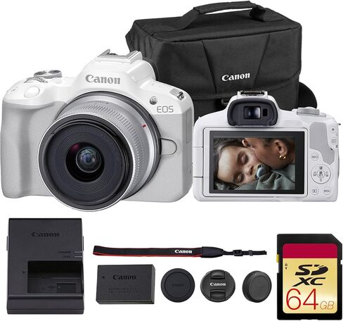 Canon EOS R50 Camera Kit-APS-C RF كاميرا مع عدسة 18-45 مم ، فيديو 4K ، شاشة لمس مزدوجة البكسل AF II & vari angan (5812C012) + محول Canon EF-EOS in Saudi Arabia