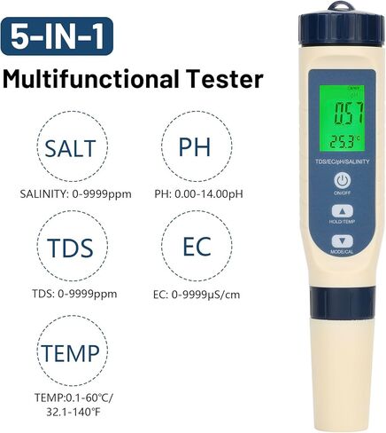 diymore All-New 2026 Salinity Tester Pool Salt Tester for 5-in-1 PH Tester,Temperature,EC TDS Meter for Pools,Hot Tubs,Aquariums and Drinking Water High Accuracy Easy Calibration(no Battery in Saudi Arabia