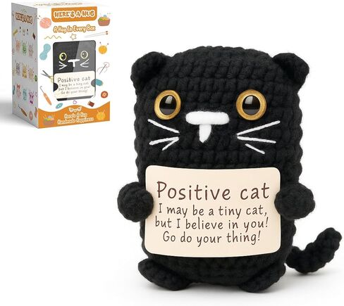 Positive Crochet Cat Mini Animal Emotional Cheer Up Support Gifts, Funny Crochet Black Mini Handmade Cat for Women Men Friends Mom Daughter Son Teen Birthday Mothers Day Decor Graduation Gifts in Kuwait