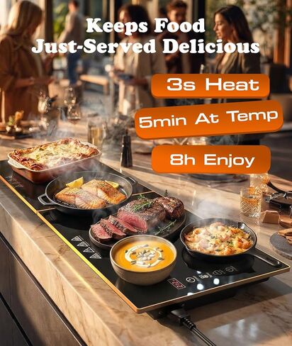 Food Warmers for Parties Buffet, Fast-Heating Electric Warming Trays for Buffets Party 47"x12", Interlock 3-Panel Flexible Use & Easy Storage, Glass Warming Mat for Food, 7 Temp & 8 Timer, Table-Safe in Saudi Arabia