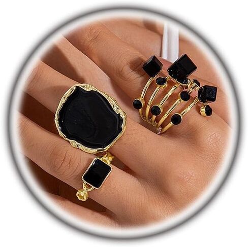 Unique Black Gold Chunky Statement Rings for Women,3Pcs Big Irregular Black Enamel Knuckle Rings,Exaggerated Geometric Band Rings in Saudi Arabia