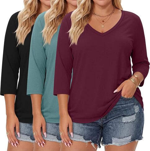 Ficerd 3 Pack Cotton Plus Size 3/4 Sleeve Tops for Women V Neck T-Shirts Casual Loose Fit Trendy Basic Tees Clothes in Kuwait