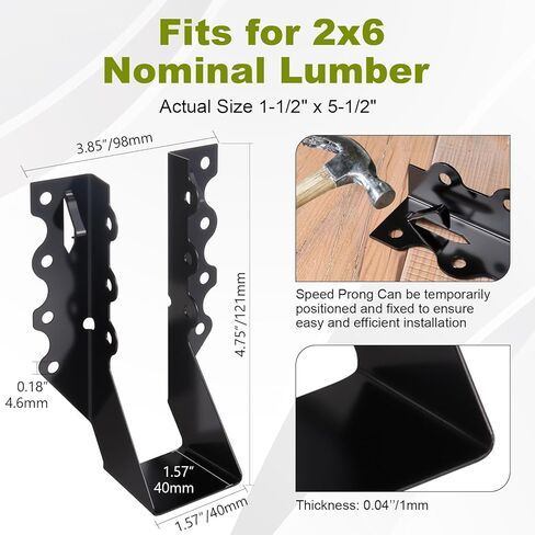 50 Pcs 2x6 Joist Hangers, 20 Gauge Heavy Duty Face Mount Joist Hangers for Wood, Black Powder Coated Hurricane Ties Deck Brackets for Rafters, Floor, Ceiling, Roofs in Kuwait