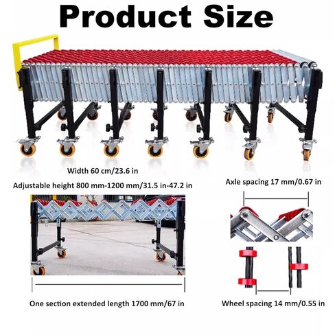 23.6 بوصة واسعة مرنة حزام ناقل غير مدعوم طاولة الأسطوانة قابلة للتوسيع طول 11.8 بوصة - 66.9 بوصة، ارتفاع قابل للتعديل 31.5 بوصة - 47.2 بوصة بكرات ناقلة محمولة للتعامل مع الشحن في المستودعات in Kuwait