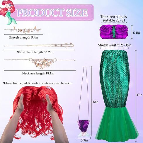 WEHHBTYE 7 PCS زي حورية البحر للنساء البالغين ， أنبوب حورية البحر أعلى زي التنورة مع شعر مستعار مجعد ومحفظة الترتر ، سلسلة سوار قلادة القلادة لسلسلة COSPLAY HALWEEN in Saudi Arabia