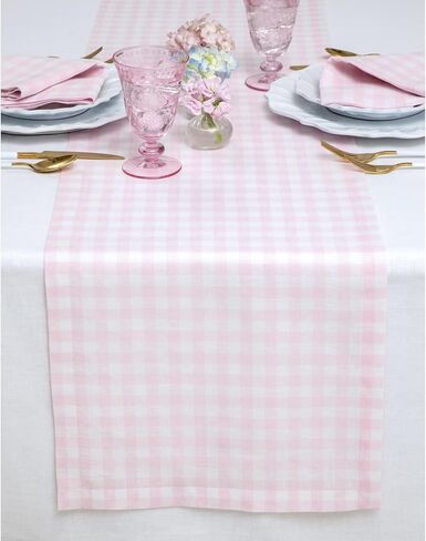 مفرش طاولة Solino Home Linen Gingham بطول 132 بوصة - 100% من الكتان النقي القطيفة باللون الأصفر مقاس 14 × 132 بوصة مثالي لتناول الطعام والربيع والصيف وعيد الأم in Kuwait