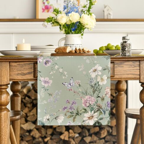 Artoid Mode Green Floral Wildflower Leaf 210 GSM Spring Table Runner, Seasonal Summer Kitchen Dining Table Decoration for Home Party Decor 13x72 Inch in Saudi Arabia