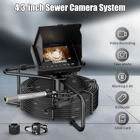 كاميرا الصرف الصحي 100 قدم كاميرا أنابيب الصرف الصحي ثعبان السباكة بطارية 8500 مللي أمبير في الساعة، 23 مم عالي الدقة، 12 مصباح LED، تسجيل DVR، بطاقة TF سعة 32 جيجابايت متضمنة in Kuwait