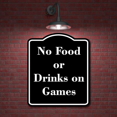 ممنوع تناول الطعام أو المشروبات على الألعاب، لافتة مركبة من الألومنيوم الأسود مقاس 15 بوصة × 18 بوصة in Kuwait