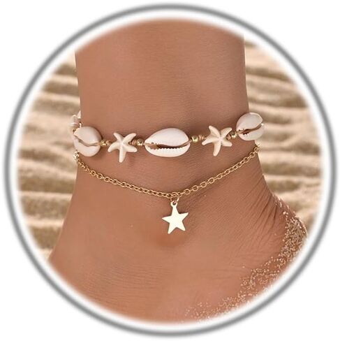 Shell Ankle Bracelet Set for Women,Boho Adjustable Beads Anklet Pack Natural White Shells Stack Stretch Seashell Pearl Starfish Bracelet Set Hawaiian Beach Vacation Foot Jewelry in Kuwait