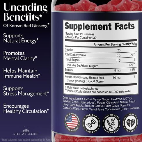 Korean Red Ginseng 1500mg Gummies - Ginseng Supplement for Energy, Immune System Support, Panax Ginseng for Memory Function, Blood Circulation, Peach Flavor, 60 Count in Saudi Arabia