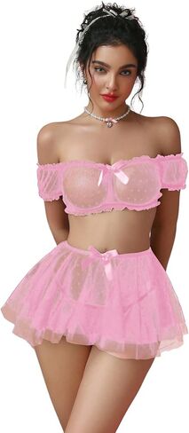 OYOANGLE Women's 3 Piece Mesh Sheer Off Shoulder Bra and Panty with Ruffle Mini Skirt Set Boudoir Outfits in Saudi Arabia