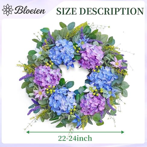 24" Spring Summer Wreaths for Front Door,Hydrangea Wreath, Lavender,Iron Wire Lotus, Eucalyptus, Vivid Artificial Floral Wreath for Wall Window Farmhouse Party Holiday Home Décor in Saudi Arabia