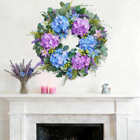 24" Spring Summer Wreaths for Front Door,Hydrangea Wreath, Lavender,Iron Wire Lotus, Eucalyptus, Vivid Artificial Floral Wreath for Wall Window Farmhouse Party Holiday Home Décor in Saudi Arabia