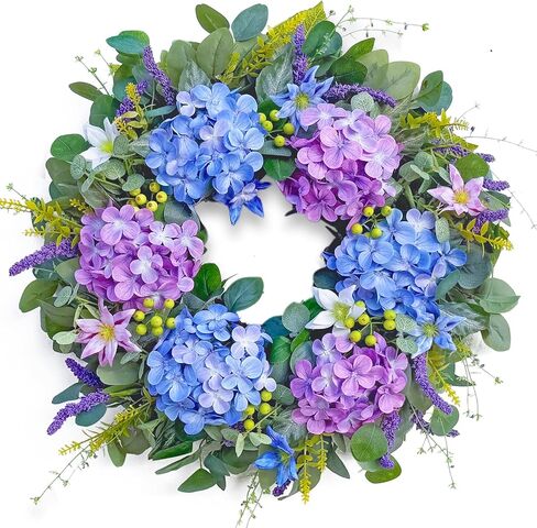 24" Spring Summer Wreaths for Front Door,Hydrangea Wreath, Lavender,Iron Wire Lotus, Eucalyptus, Vivid Artificial Floral Wreath for Wall Window Farmhouse Party Holiday Home Décor in Saudi Arabia