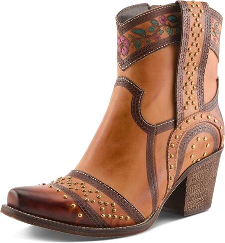 L’Artiste Saddleup Western Leather Boot-حذاء رعاة البقر المنقوش من الأزهار مع لهجات مسمار وسحاب جانبي in Kuwait