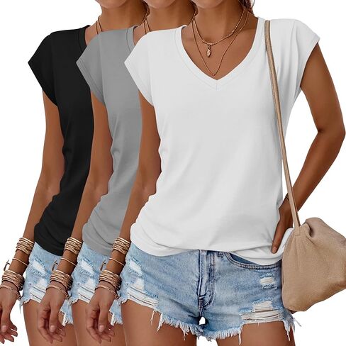 Huukeay 3 Pack Women’s V Neck T ، قمّع كاب الصيف قمم غير رسمية فضفاضة ملائمة الأكمام القصيرة 2025 قمصان عصرية in Saudi Arabia