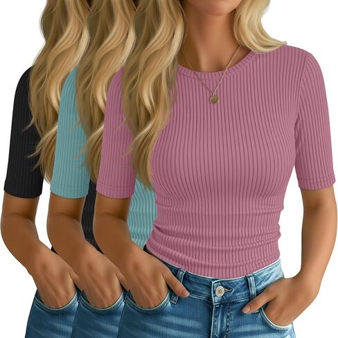 Riyiper 3 Pack Women's Half Sleeve Tops, Elbow Length Ribbed Cotton T Shirt Crew Neck Summer Tee Slim Fit Casual Blouses in Kuwait