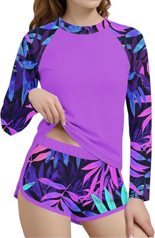 Girls Swimsuit 2026 Two Piece Printed Bathing Suit Long Sleeve Beach Surf Swimwear with Shorts Size 6-15 Years in Saudi Arabia
