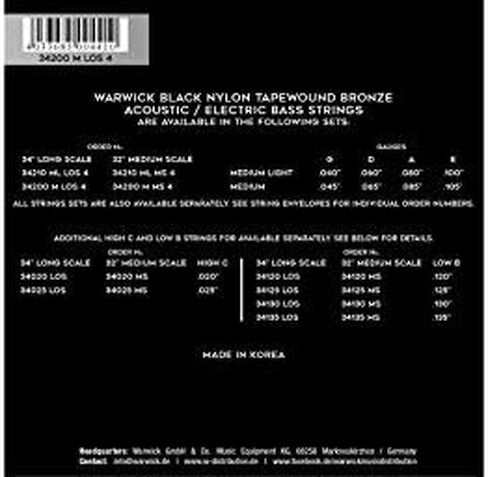 مجموعة أوتار جهير صوتية/كهربائية من النايلون الأسود من وارويك، 4 أوتار، متوسطة، 0.045 بوصة - 105 بوصة، مقياس طويل in Kuwait