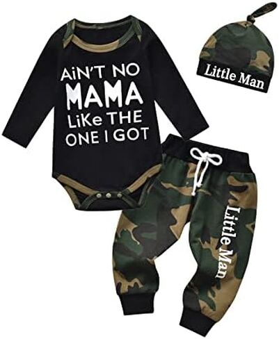 Newborn Baby Boy Clothes Long Sleeves Letter Print Romper Camouflage Long Pants Hat 3Pcs Outfits Set in Kuwait
