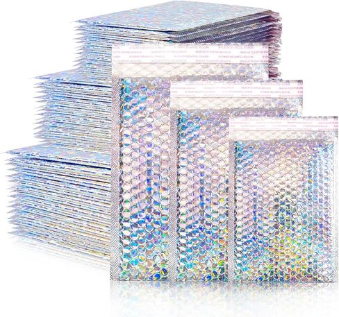 Metallic Bubble Mailers Set of 50, 3 Sizes Holographic Bubble Shipping Bags, Waterproof Self Seal Padded Cushion Envelopes for Packing, Mailing, Business, Jewelry, Makeup in Kuwait