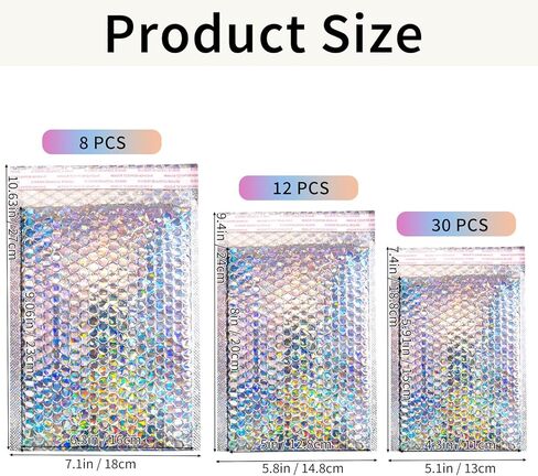 Metallic Bubble Mailers Set of 50, 3 Sizes Holographic Bubble Shipping Bags, Waterproof Self Seal Padded Cushion Envelopes for Packing, Mailing, Business, Jewelry, Makeup in Kuwait