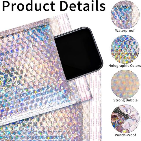 Metallic Bubble Mailers Set of 50, 3 Sizes Holographic Bubble Shipping Bags, Waterproof Self Seal Padded Cushion Envelopes for Packing, Mailing, Business, Jewelry, Makeup in Kuwait