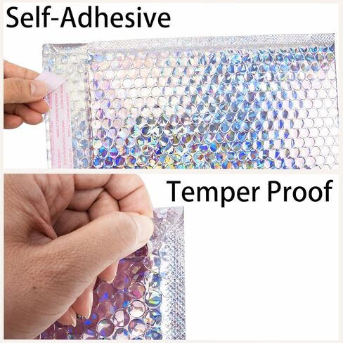 Metallic Bubble Mailers Set of 50, 3 Sizes Holographic Bubble Shipping Bags, Waterproof Self Seal Padded Cushion Envelopes for Packing, Mailing, Business, Jewelry, Makeup in Kuwait