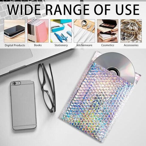 Metallic Bubble Mailers Set of 50, 3 Sizes Holographic Bubble Shipping Bags, Waterproof Self Seal Padded Cushion Envelopes for Packing, Mailing, Business, Jewelry, Makeup in Kuwait