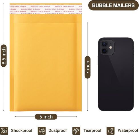 UCGOU Kraft Bubble Mailers 5x8.6 بوصة حجم قابل للاستخدام 5x7 بوصة 50 حزمة مغلفات مبطنة صفراء حزم بريدية للأعمال الصغيرة ذاتية الختم مقاومة للتمزق بوتيك البريد السائب أكياس شحن البريد الفقاعي in Kuwait