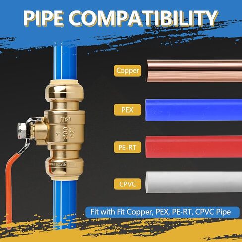 (عبوة من 5) AB 3/4 بوصة دفع لتوصيل صمام الكرة، صمام إيقاف المياه 3/4 بوصة مع مشبك فصل، صمام كروي مناسب للدفع بمنفذ كامل للنحاس، CPVC، PE-RT وأنابيب PEX، معتمد من UPC in Kuwait