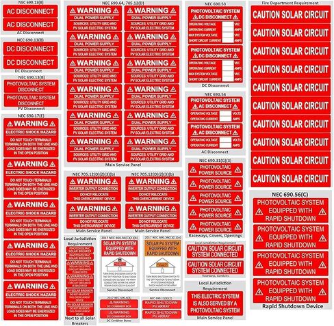 62-Pack Solar PV System Label Kit - Code 2020/2023 Compliant Photovoltaic Stickers - UV Resistant & Reflective Vinyl - Complete Solar Warning Labels for Installers, Inspectors & Homeowners in Kuwait