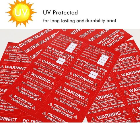 62-Pack Solar PV System Label Kit - Code 2020/2023 Compliant Photovoltaic Stickers - UV Resistant & Reflective Vinyl - Complete Solar Warning Labels for Installers, Inspectors & Homeowners in Kuwait