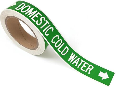 25-Pack Domestic Cold Water Pipe Labels, ASME A13.1 Compliant, 1" x 9.5" with Cuttable Arrow, Green & White Text, Weatherproof, Permanent Adhesive in Kuwait