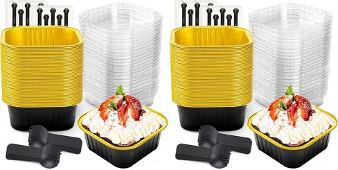 50 Pcs Mini Cake Pans with Lids and Spoons Aluminum Foil Mini Square Baking Cups with Lids Disposable Ramekins Cake Pans Dessert Cups for Wedding Birthday Party(Pink,5oz) in Kuwait