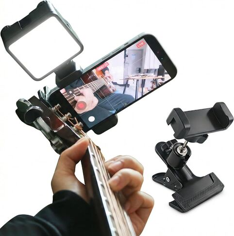 Guitar Headstock Phone Holder, Fits 2.36–3.94in Phones, 360° Ball Head, Hot Shoe for Mic/Light, Silicone-Padded Clip for Ukulele Acoustic Electric Bass, Recording, Streaming &Sheet Music in Kuwait