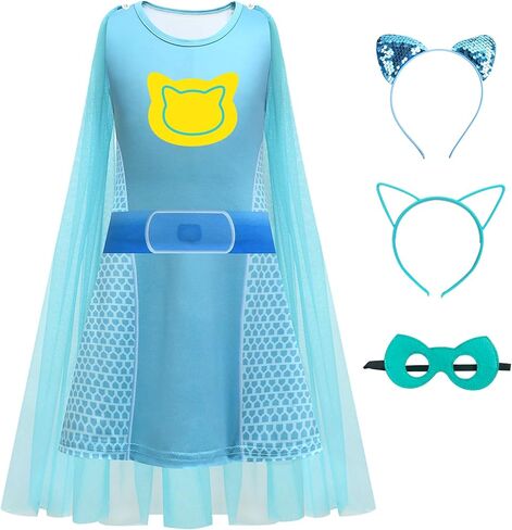 فستان كيب الخارق مع عصابة رأس أذن القط ومجموعة قناع ، زي عيد ميلاد عيد الميلاد لأبطال 3-8Y in Kuwait