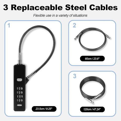 Versatile Cable Lock – 4-Digit Combination Lock with 3 Interchangeable Steel Braided Ropes (9" / 23.6" / 47.2") – Ideal for Bikes, Scooters, Snowboards, Cabinets, and Gates (Black) in Kuwait