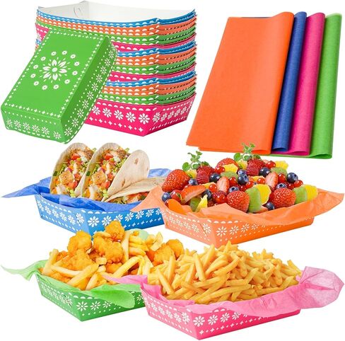 Cinco De Mayo Food Trays - 120P Mexican Taco Nights Fiesta Party Wax Paper Deli Trays Nacho Popcorn Grease Proof Container Unassembled Disposable Taco Carnival Birthday Party Food Container in Kuwait