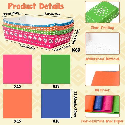 Cinco De Mayo Food Trays - 120P Mexican Taco Nights Fiesta Party Wax Paper Deli Trays Nacho Popcorn Grease Proof Container Unassembled Disposable Taco Carnival Birthday Party Food Container in Kuwait