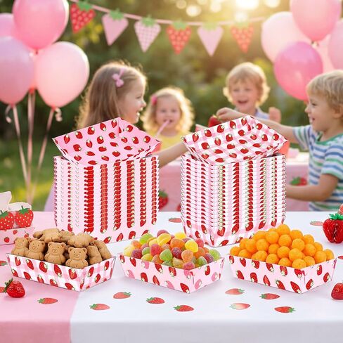 50Pcs Strawberry Decor Paper Food Trays Bulk Berry First Birthday Disposable Pink Plates Decorations Baby Shower Party Favor Supplies in Saudi Arabia