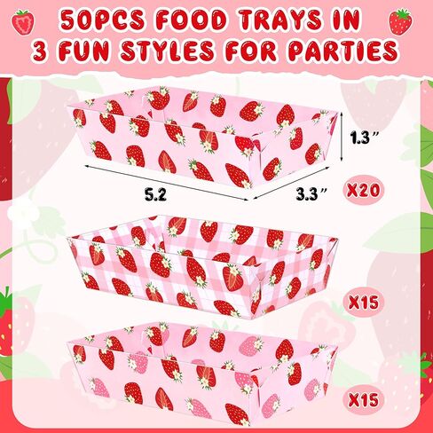 50Pcs Strawberry Decor Paper Food Trays Bulk Berry First Birthday Disposable Pink Plates Decorations Baby Shower Party Favor Supplies in Saudi Arabia