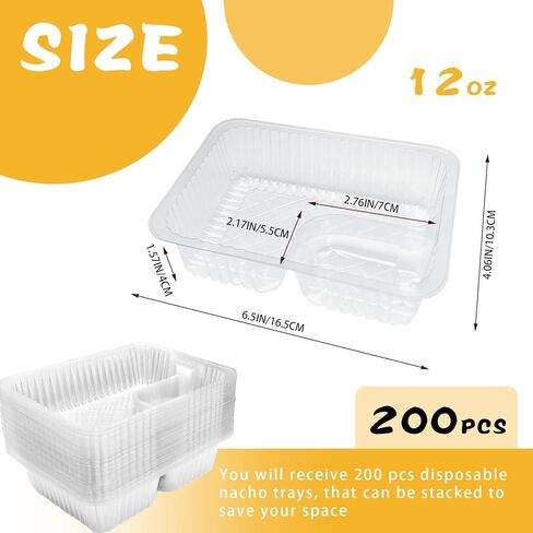 200 PCS Nacho Trays Disposable, 12 oz Plastic Nachos Containers with Chip and Dip Holder, 2 Compartments Clear Snack Tray for Movie Night Party Concession Stand Supplies in Saudi Arabia