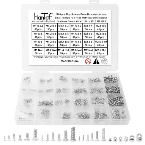 1200pcs Metric Tiny/Very Small/Micro Machine Screw Nuts Assortment Kit, 304 Stainless Steel, M1 M1.2 M1.4 M1.6 M2 M2.5 Phillips Pan Head Screws Nuts for Watch, Toy, Electronic Equipment Repair in Saudi Arabia
